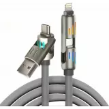 USB 4-in-1 Schnelllade-Kabel 30W | USB-C zu USB anti-verwickelndes Silikon RGB-LED Multi-Geräte-Kompatibilität und langlebig (2 m) - Grau